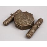 A GOOD 19TH CENTURY OR EARLIER SILVER AMULET CASE / BAZBAND, with engraved floral decoration, 10cm