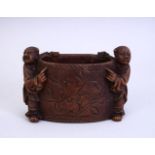 A GOOD 19TH / 20TH CENTURY CHINESE CARVED BAMBOO BRUSH POT - TWO BOYS, the pot carved to depict