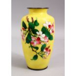 A JAPANESE MEIJI / TAISHO PERIOD CLOISONNE YELLOW GROUND VASE, the yellow gound with silver rim