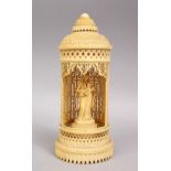 A GOOD 19TH CENTURY ANGLO INDIAN CARVED IVORY SHRINE WITH MADONNA & CHILD, the open work small
