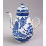 AN 18TH CENTURY CHINESE BLUE & WHITE QIANLONG PORCELAIN COFFEE POT, the bodyt decorated with typical