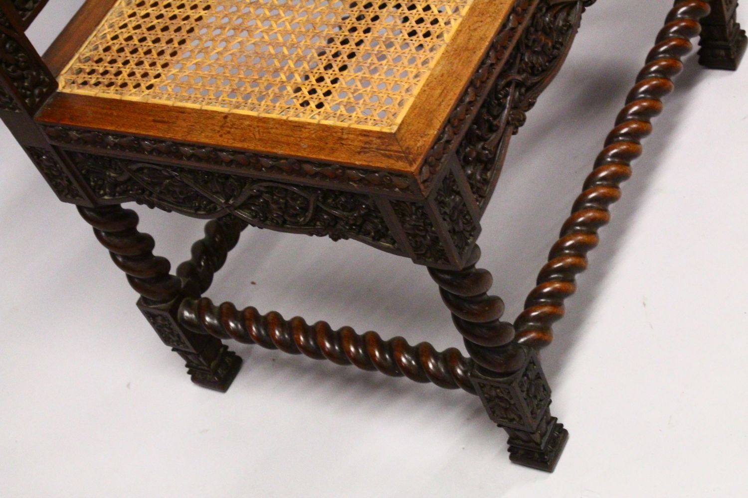 AN 18TH / 19TH CENTURY CEYLONESE CARVED ROSEWOOD CHAIR, with carved panels and wicker woven seat, - Image 5 of 5