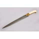 A FINE INDIAN GOLD INLAID WATERED STEEL DAGGER, with floral gold inlay and bone hilt, 30cm.