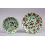 TWO CHINESE 19TH CENTURY CANTON CELADON PLATES, both with similar decoration of butterflies and