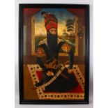 A GOOD QAJAR OIL ON CANVAS PAINTING OF A NOBLE FIGURE SEATED INTERIOR WITH CALLIGRAPHY, 131cm x