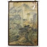 A LARGE CHINESE FRAMED PAINTING ON TEXTILE OF A LANDSCAPE, depicting a native landscape scene with