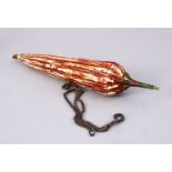 AN 18TH CENTURY INDIAN PAINTED IVORY CHILLI PEPPER SHAPED POWDER FLASK, 26cm long.