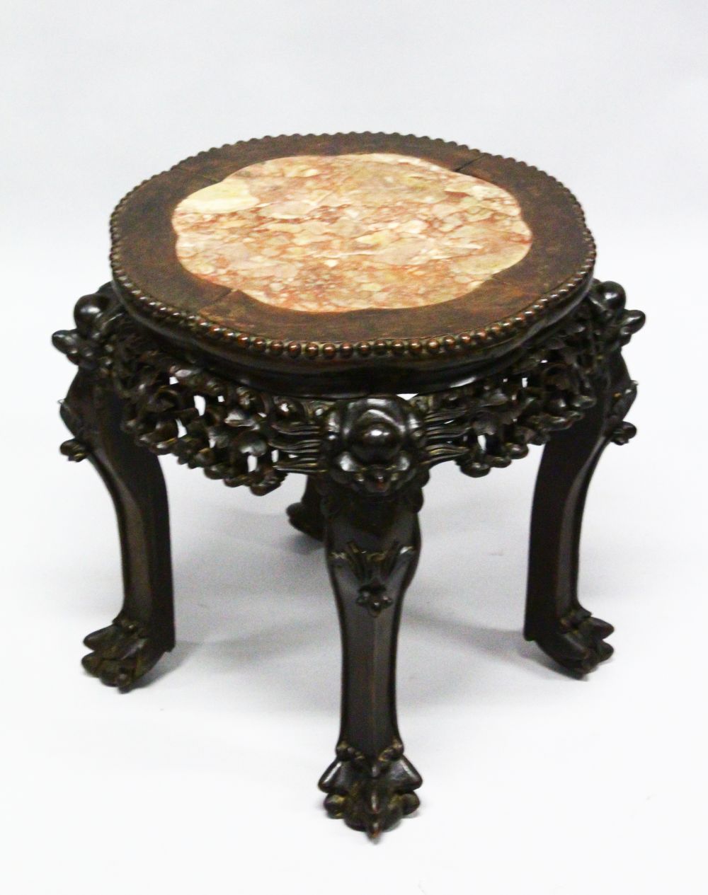A GOOD CHINESE 19TH CENTURY HARDWOOD MARBLE TOP PLANT STAND, the top inset with marble, the frieze