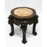 A GOOD CHINESE 19TH CENTURY HARDWOOD MARBLE TOP PLANT STAND, the top inset with marble, the frieze