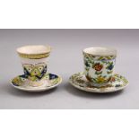 TWO 18TH CENTURY KUTAHYA POTTERY CUPS & SAUCERS (4), each decorated with floral decoration,