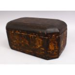 A CHINESE 19TH CENTURY LACQUER DECORATED CASKET, decorated with scenes of villace views, 37cm wide x