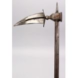 A GOOD 19TH CENTURY INDIAN STEEL ELEPHANTS AXE, with traces of silver inlay, 62cm,