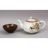 A JIAN WARE POTTERY BOWL & A CHINESE REPUBLIC STYLE FAMILLE ROSE PORCELAIN TEAPOT BIRDS, the bowl