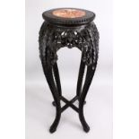 A GOOD 19TH CENTURY CHINESE HARDWOOD MARBLE TOP PLANT STAND, the top inset with marble, with a