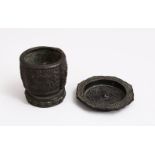 TWO CHINESE MING STYLE BRONZE OBJECTS, the small beaker / cup with decoration arcahic form, old