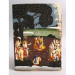AN INDIAN MUGHAL MINIATURE PAINTING OF FIGURES ON A SWING IN A GARDEN, 30cm x 21cm