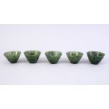 FIVE GOOD CHINESE CARVED SPINACH JADE BOWLS, 5CM.