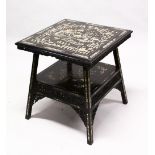 A 19TH CENTURY CHINESE EBONY SQUARE FORM INLAID TABLE, the table top inlaid with bone to depict
