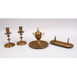 A 19TH CENTURY INDIAN DAMASCUS FOUR PIECE TABLE SET, comprising inkwell, pen holder and a pair of