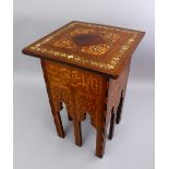 A GOOD 19TH CENTURY ISLAMIC BURR WOOD INLAID CALLIGRAPHIC ABALONE SHELL TABLE, with exotic wood
