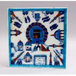 A GOOD IZNIK POTTERY KABE TILE, the tile decorated with an buildings and calligraphy, 21cm.