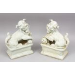 A PAIR OF CHINESE CELADON CARVED PORCELAIN LION DOGS, each dog moddled upon a stylized base with its