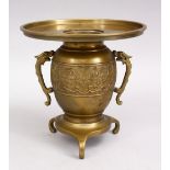 A CHINESE 19TH / 20TH CENTURY ARCHAIC DESIGN BRONZE CENSER, with twin handles and tri feet, 18cm.