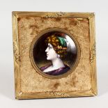 A GOOD LIMOGES CIRCULAR ENAMEL PORTRAIT OF A LADY. 3ins diameter, in a gilt frame.