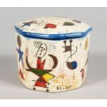 MIRO, A SMALL HAND PAINTED OCTAGONAL SHAPED POTTERY BOX AND COVER, painted with abstract shapes. 3.
