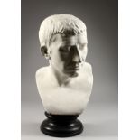 A CLASSICAL PLASTER BUST OF A ROMAN EMPEROR on a circular base. 19ins high.