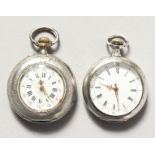 TWO LADIES' SILVER FOB WATCHES.