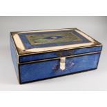 A FINELY DECORATED DECOUPAGE BOX AND HINGED LID. 15ins long.