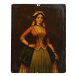 A 19TH CENTURY CONTINENTAL PORTRAIT MINIATURE OF A YOUNG LADY, oil on tin, unframed. 5ins x 4ins.