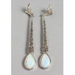 A PAIR OF SILVER, MARCASITE AND OPAL EARRINGS. 2.5ins long.