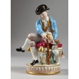 A GOOD MEISSEN PORCELAIN FIGURE OF A YOUNG MAN seated holding a gun, a dog by his side. Cross swords
