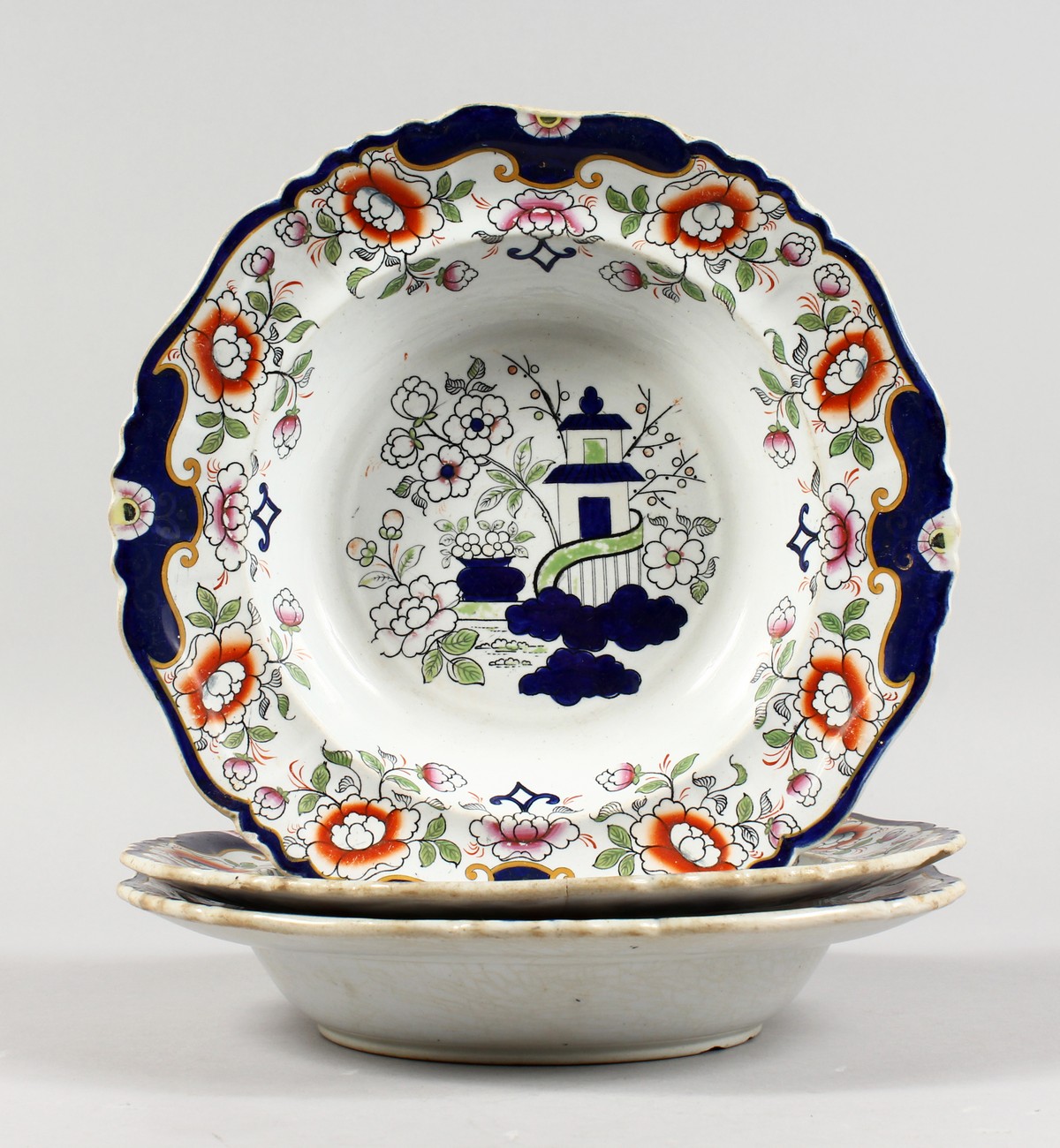 THREE LATE 19TH CENTURY IRONSTONE SOUP BOWLS (AF). 10.5ins diameter.