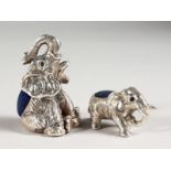 TWO SILVER ELEPHANT PIN CUSHIONS.