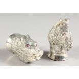 A PAIR OF .925 SILVER PLATE BOAR'S HEAD SALT AND PEPPERS.