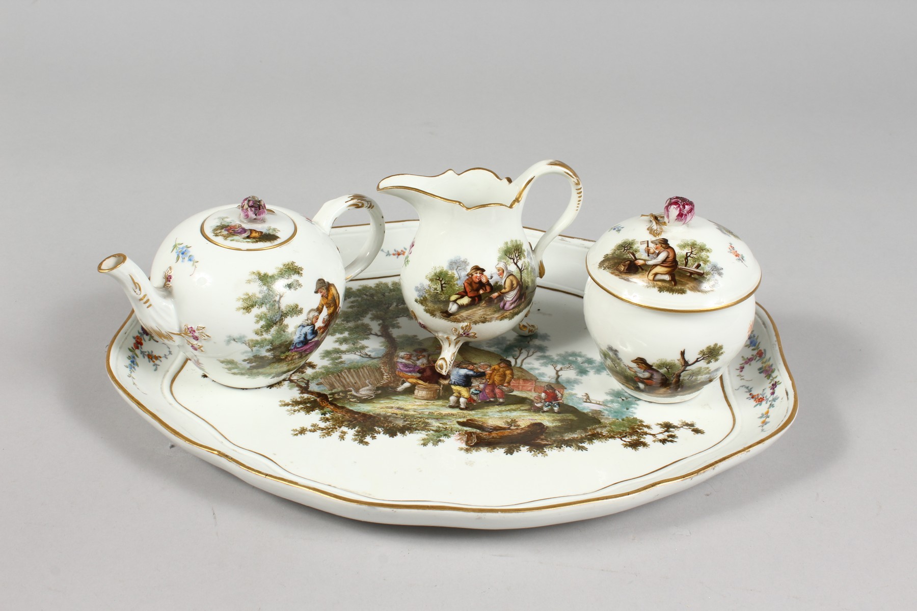 A SUPERB 18TH CENTURY MEISSEN PORCELAIN FOUR PIECE CABARET SET, with oval tray, teapot and cover, - Image 2 of 15