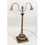 AN ORNATE BRASS AND MARBLE TWIN BRANCH TABLE LAMP with pineapple finial, barley twist column,