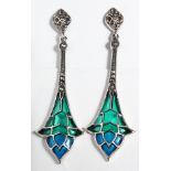 A PAIR OF SILVER AND ENAMEL ART NOUVEAU STYLE DROP EARRINGS.