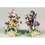 A PAIR OF SAMSON DERBY PORCELAIN FIGURES OF THE TAILOR AND HIS WIFE. 4.5ins high.