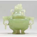 A CARVED JADE LIDDED TRIPOD KORO, with kylin handles. 5.5ins wide.
