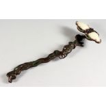 A BRONZE AND HARDSTONE SMALL RUI SCEPTRE. 10.5ins long.