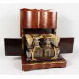 A GOOD 19TH CENTURY FRENCH PARQUETRY KINGWOOD LIQUEUR SET, with rising, folding top, hinged sides,