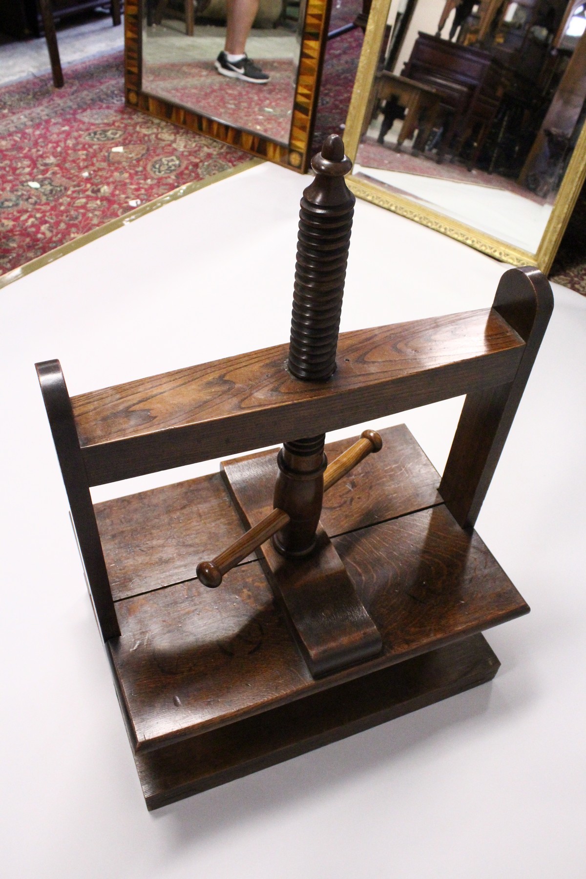 A GOOD 19TH CENTURY OAK TABLE TOP CLOTHES PRESS, with wood screw system. 2ft 2.5ins wide x 1ft - Image 2 of 2