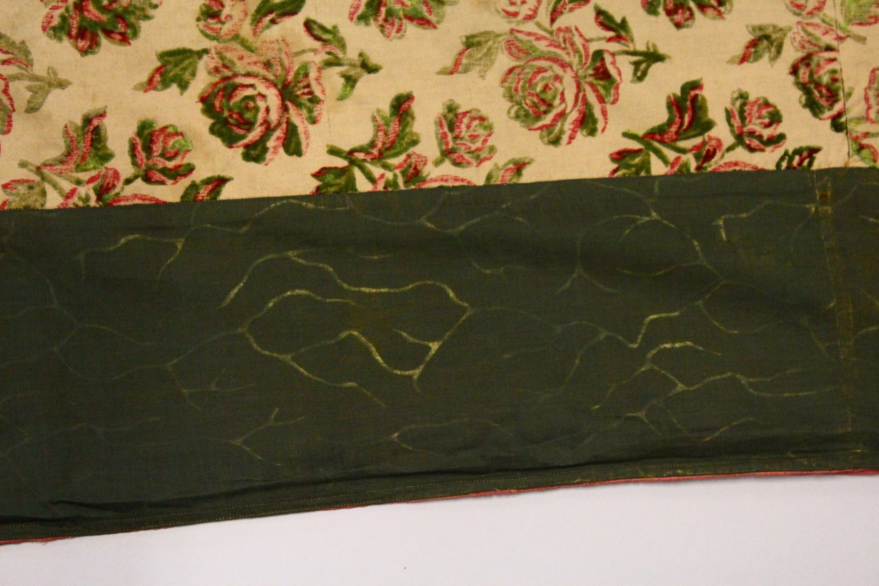 AN EARLY 20TH CENTURY SPANISH TEXTILE, cream ground, embroidered with velvet roses in green and red, - Image 5 of 13