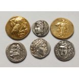 SIX GREEK COINS in a blue pouch.