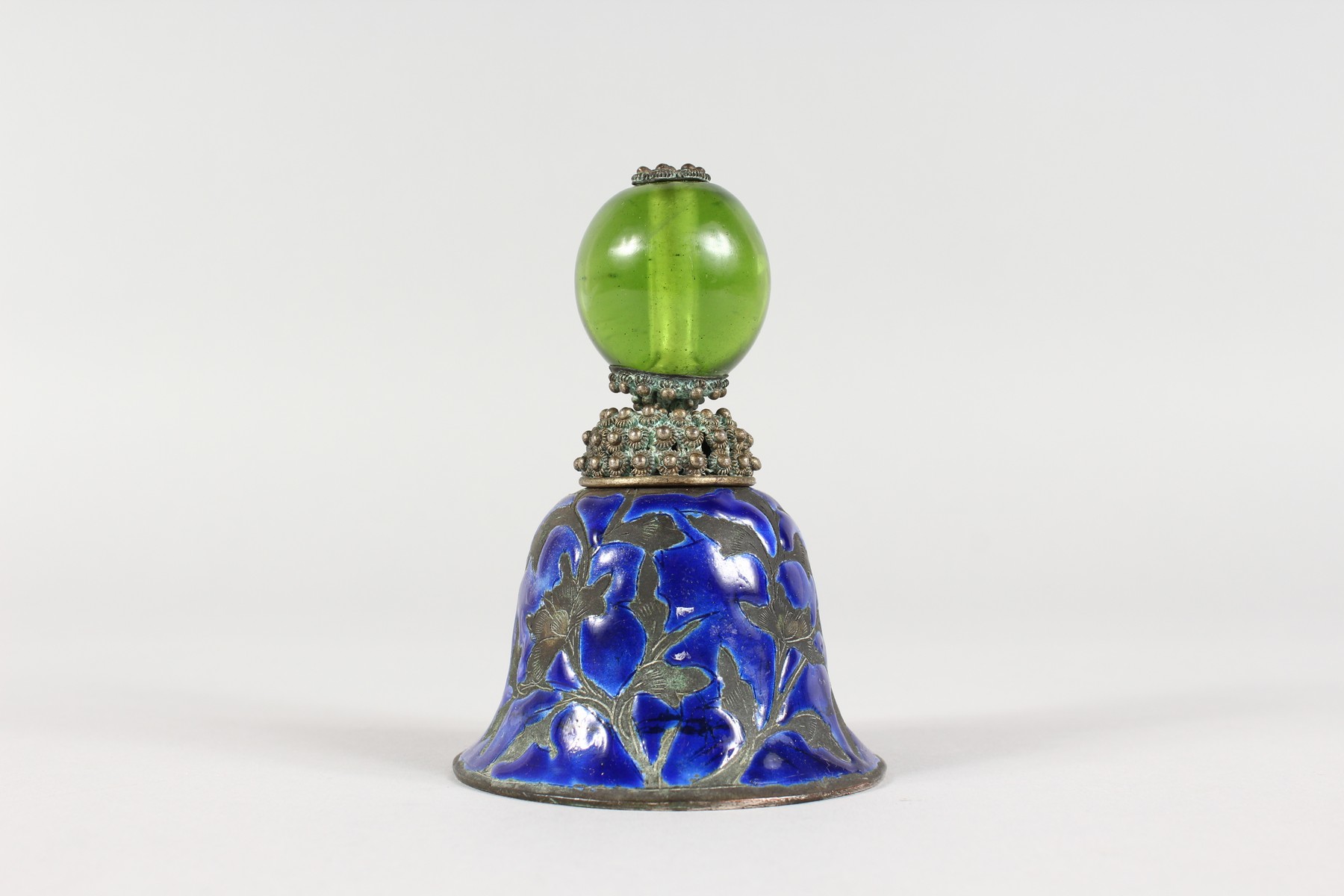 A SMALL WHITE METAL BLUE ENAMEL BELL. 3.5ins high. - Image 2 of 3