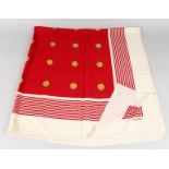 A VINTAGE CHANEL SILK SCARF, RED AND WHITE STRIPED WITH CHANEL EMBLEM.